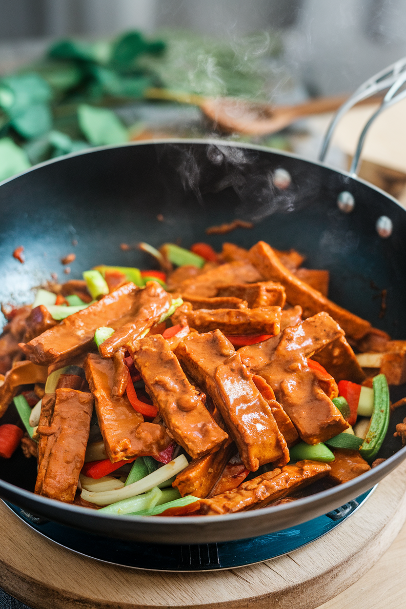 Photo of an indoor wok filled with tempeh strips and mixed veggies coated in a glossy spicy peanut sauce, steam visible, no text or logos.