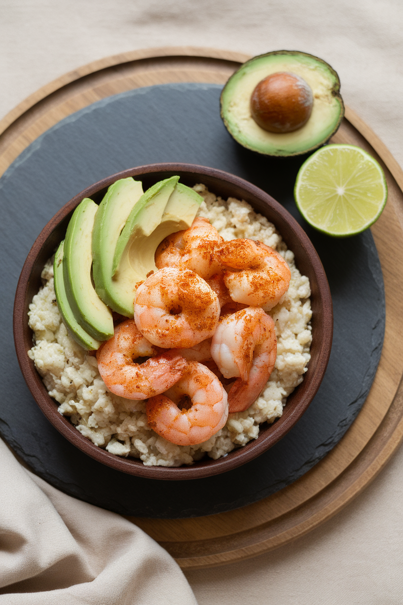 Indoor tabletop featuring a bowl of cooked chili-rubbed shrimp over cauliflower rice with avocado slices and fresh lime, no text or logos.