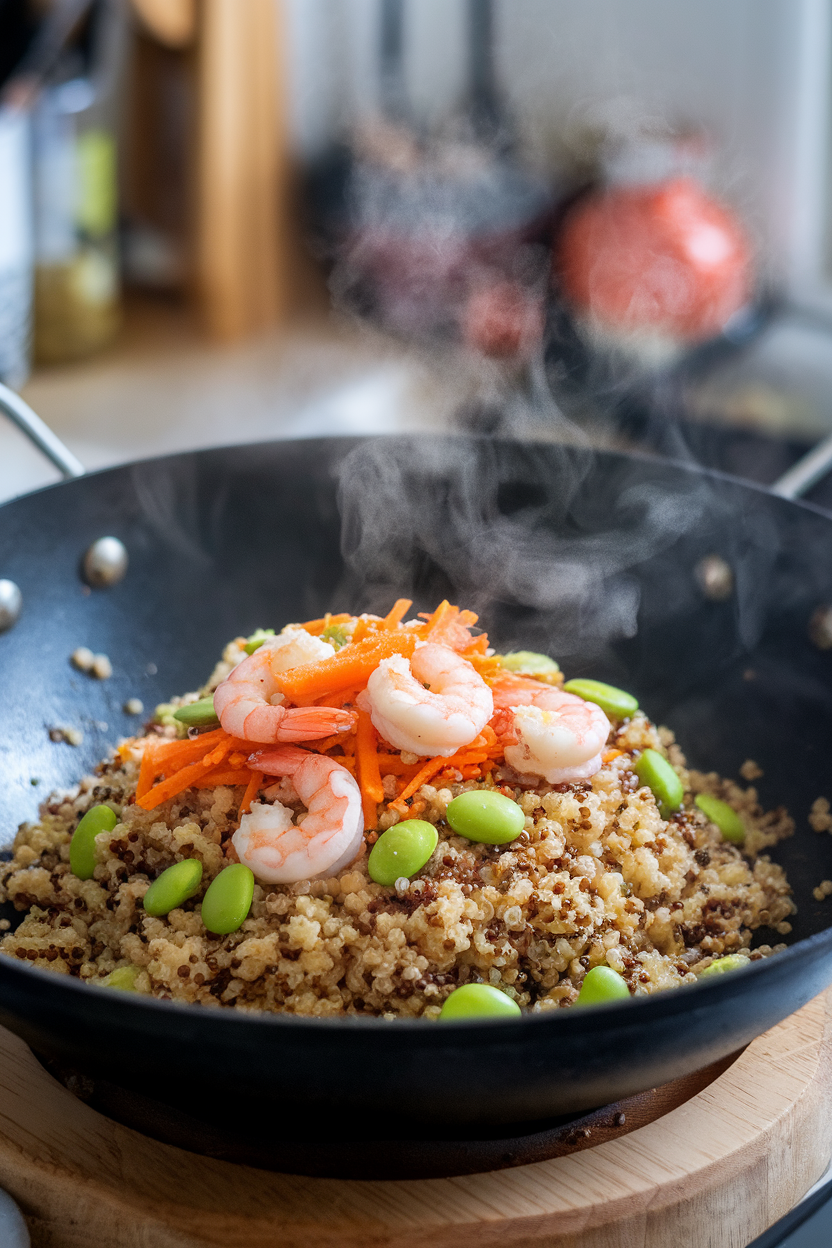 Indoor wok photo of quinoa “fried rice” with edamame, carrots, and cooked shrimp; steam visible, no text or logos.