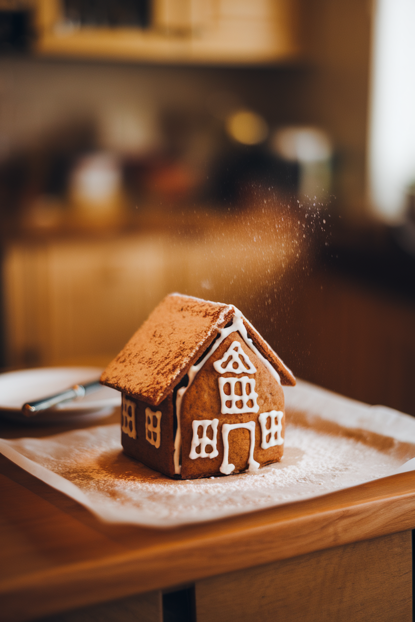 An indoor table holding a mini gingerbread house dusted with powdered sugar, sitting on parchment, warm light, no text or logos