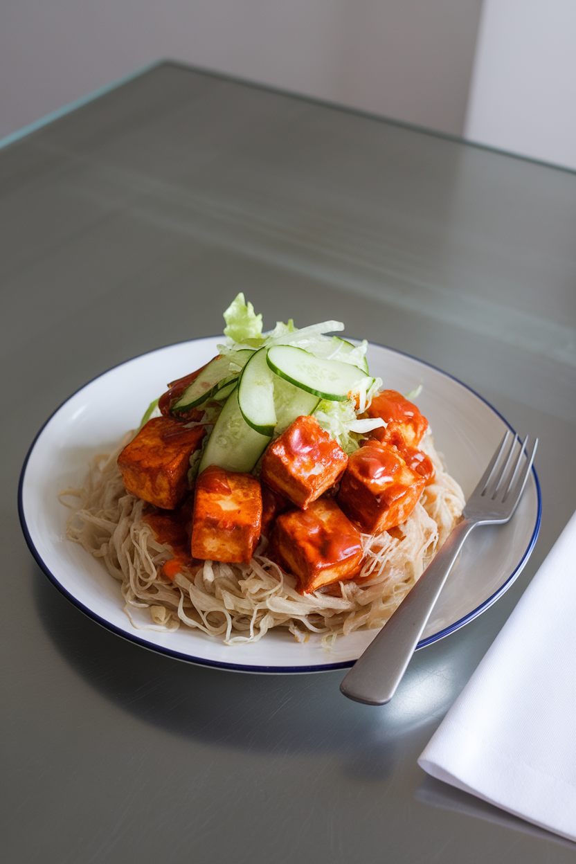 Photo of an indoor dining table featuring rice noodles topped with crispy baked tofu cubes glazed in sweet chili sauce, cucumber ribbons, and shredded lettuce. No text or logos.
