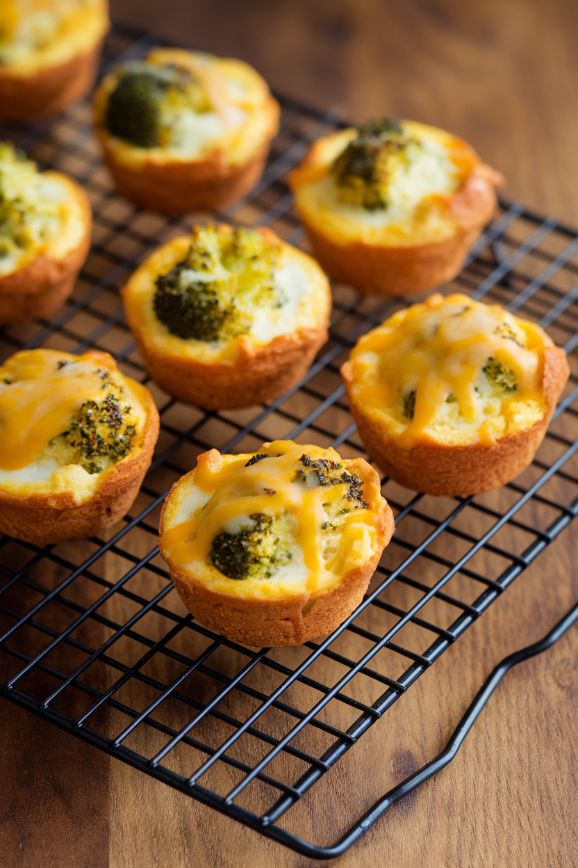 Indoor cooling rack with several mini egg muffins showing broccoli florets and melted cheddar, golden edges visible. No text or logos; photo.