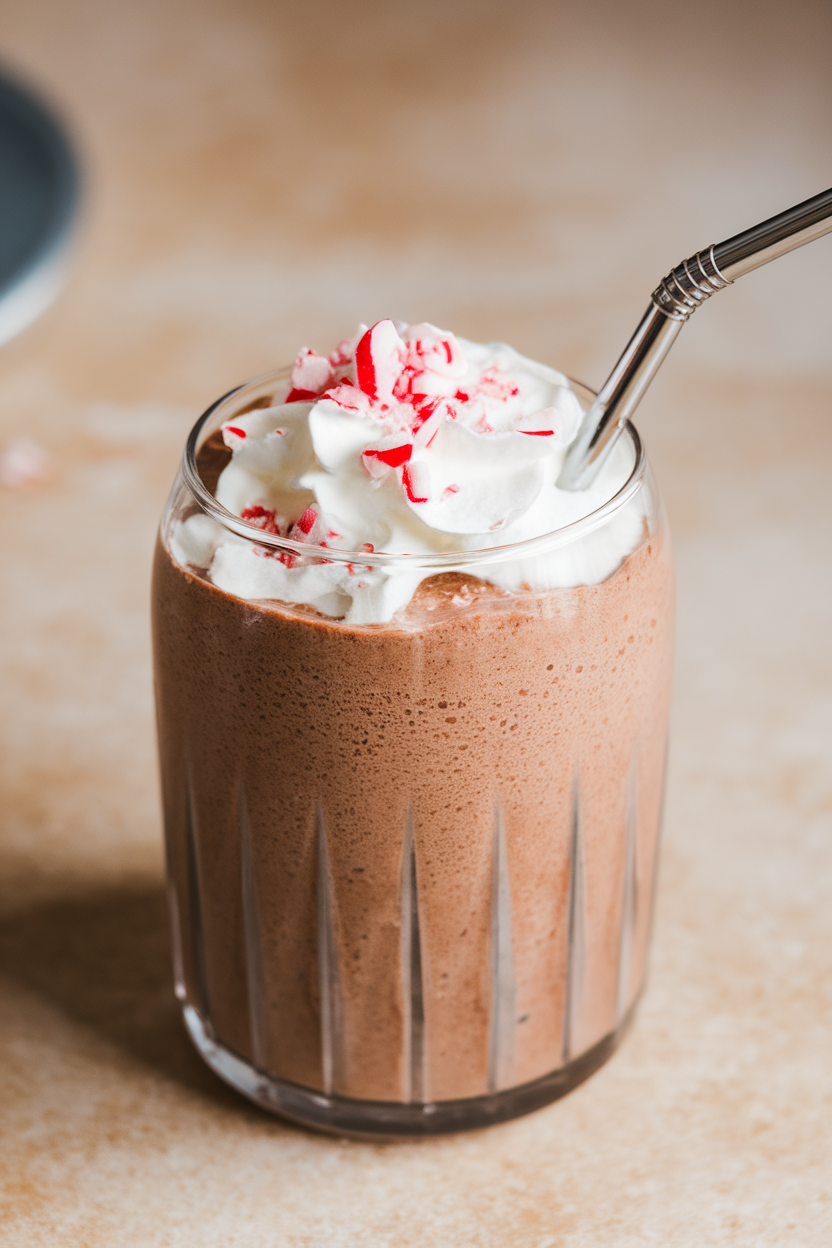 Photo of an indoor glass of chocolate-colored smoothie topped with whipped cream and crushed peppermint candies, metal straw angled. No text or logos visible.