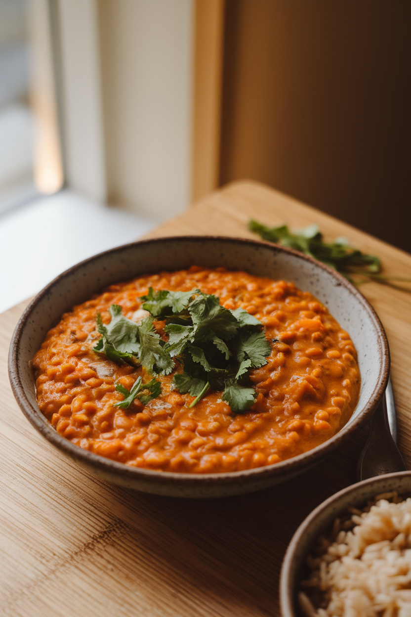 Photo of a warmly lit indoor table featuring a shallow bowl filled with thick orange lentil and sweet potato curry, topped with fresh cilantro and served beside a small scoop of brown rice. No text or logos anywhere in the scene.