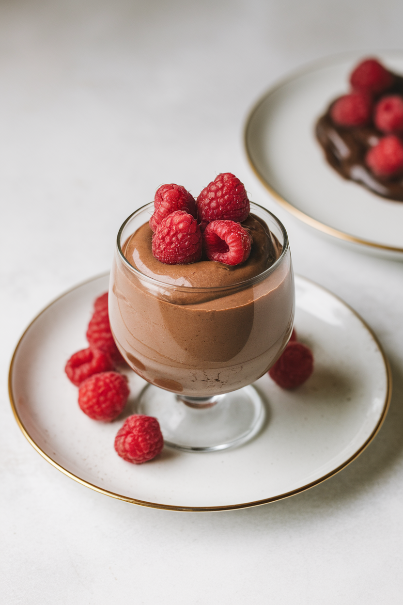 Indoor dessert cup of silky dark chocolate avocado mousse, topped with fresh raspberries; no text or logos, photo style.