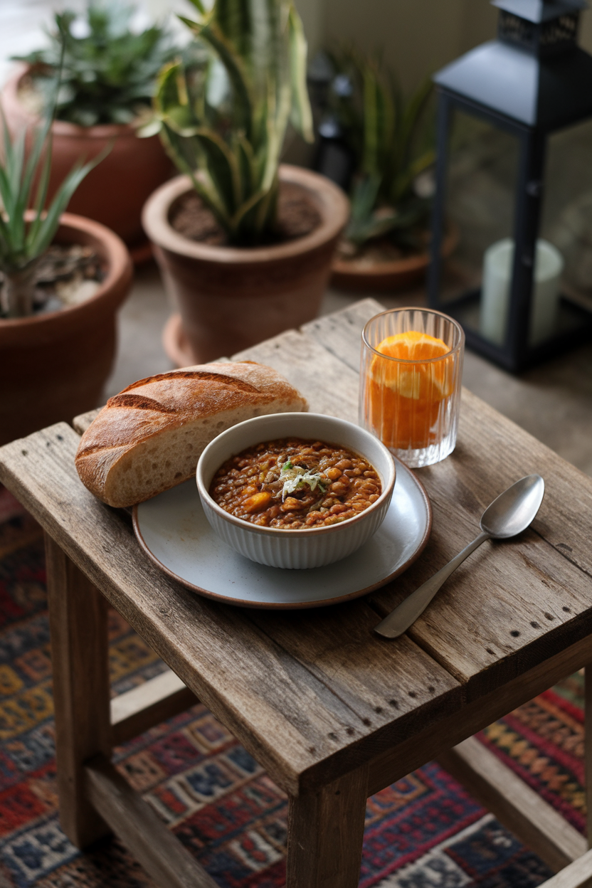 Indoor photo of a small bowl of lentil stew beside a glass of orange segments on a rustic wooden table, no text or logos