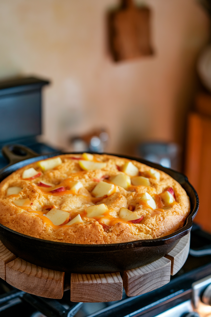 Cast-iron skillet of golden cornbread studded with apple chunks and melted cheddar, set on an indoor wooden trivet. No text or logos. Photo.