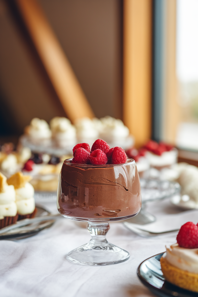 Photo of silky dark chocolate avocado mousse in a small glass dish with a raspberry garnish, indoor dessert table, no text or logos