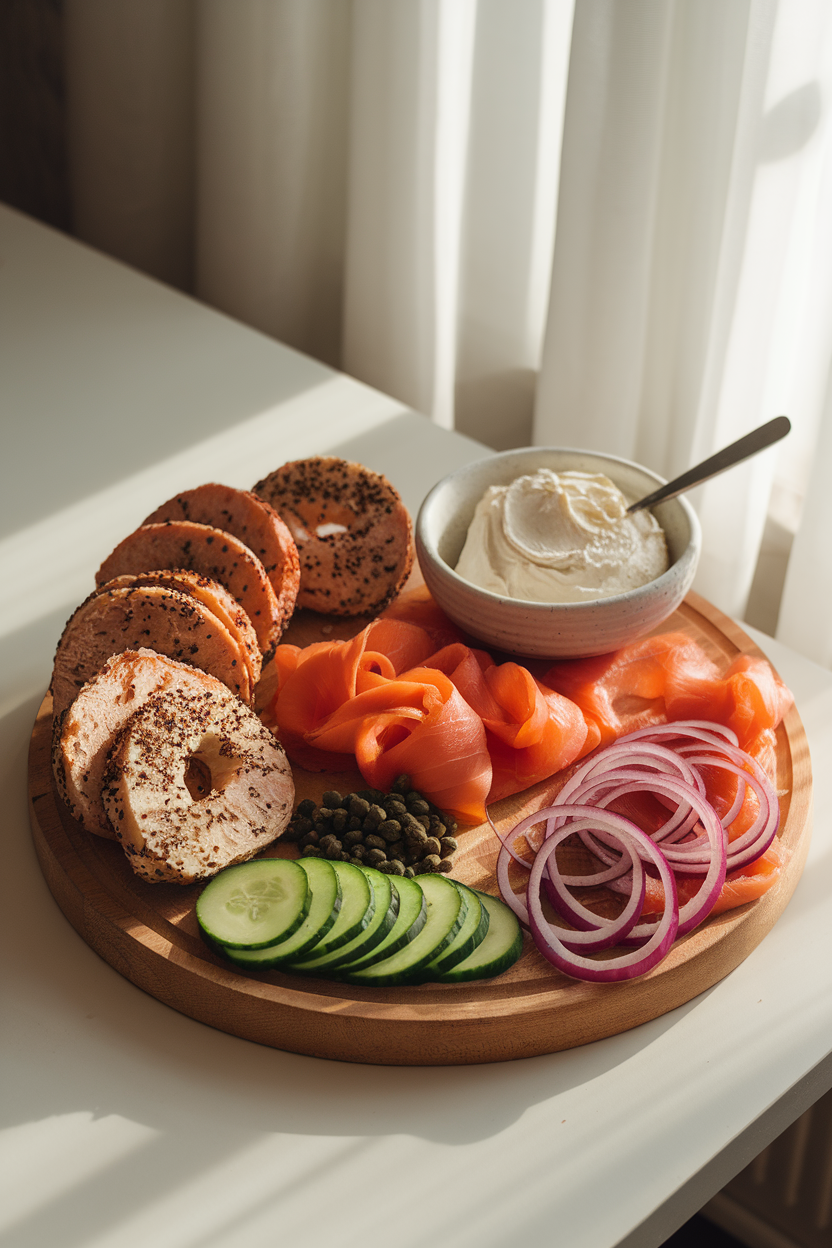 An indoor dining table set with sliced everything bagels, ribbons of smoked salmon, cucumber rounds, red onion rings, capers, and a bowl of whipped cream cheese, all arranged on a wooden board under soft morning light. No text or logos visible.