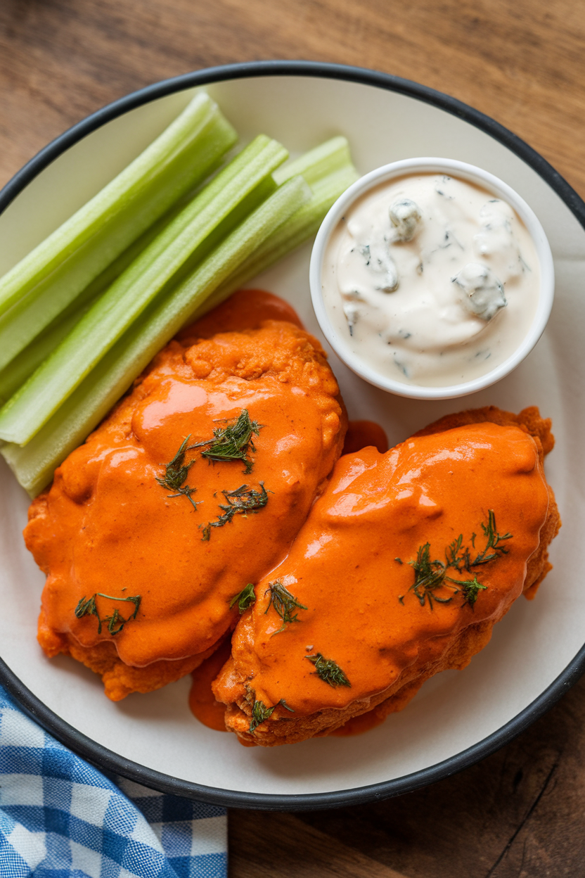 Indoor serving platter holding air-fried chicken breast tossed in orange Buffalo sauce with a side of celery sticks and blue cheese dip. No text or logos.