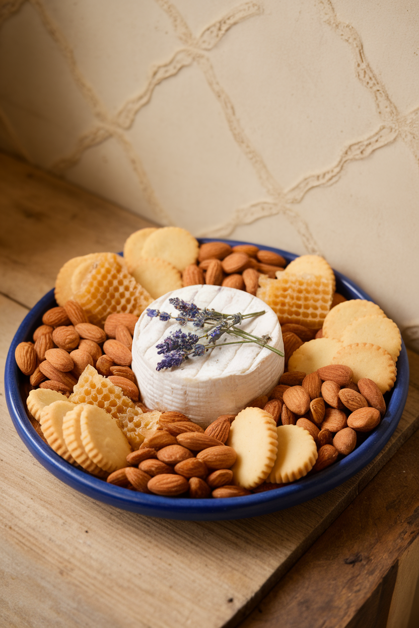 Indoor photo of a ceramic platter featuring lavender goat cheese, acacia honeycomb, almonds, and shortbread cookies; no logos or text.