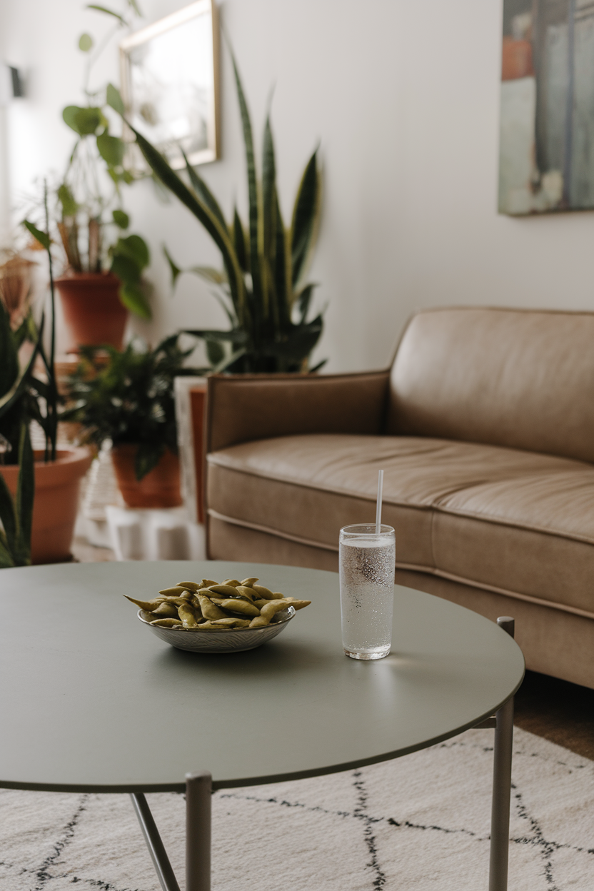Indoor living-room coffee table with a bowl of edamame and a glass of sparkling water, no text or logos. Photo.