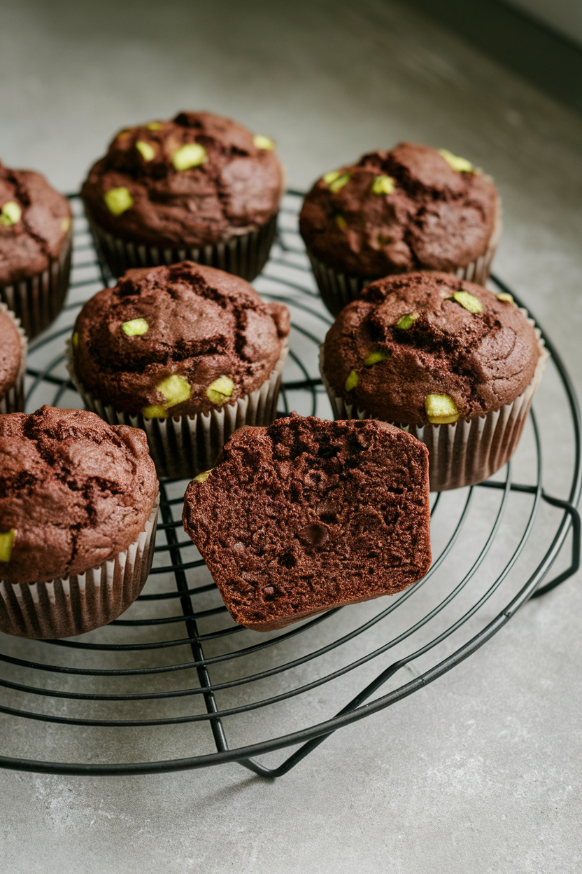 An indoor countertop featuring a wire rack of chocolate muffins with specks of green zucchini barely visible; one muffin cut open to show moist crumb, no text or logos, photo not illustration.
