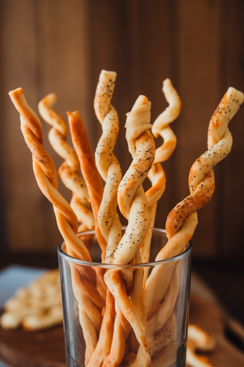 An indoor tumbler filled with twisted puff pastry straws speckled with melted smoked Gouda, no text or logos.