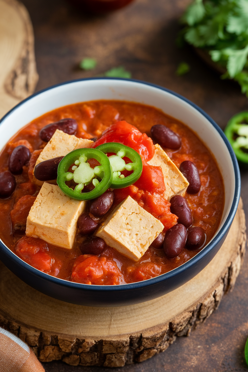 Indoor photo of tofu chili with firm tofu cubes nestled among kidney beans and tomatoes, jalapeño slices on top; no text or logos.