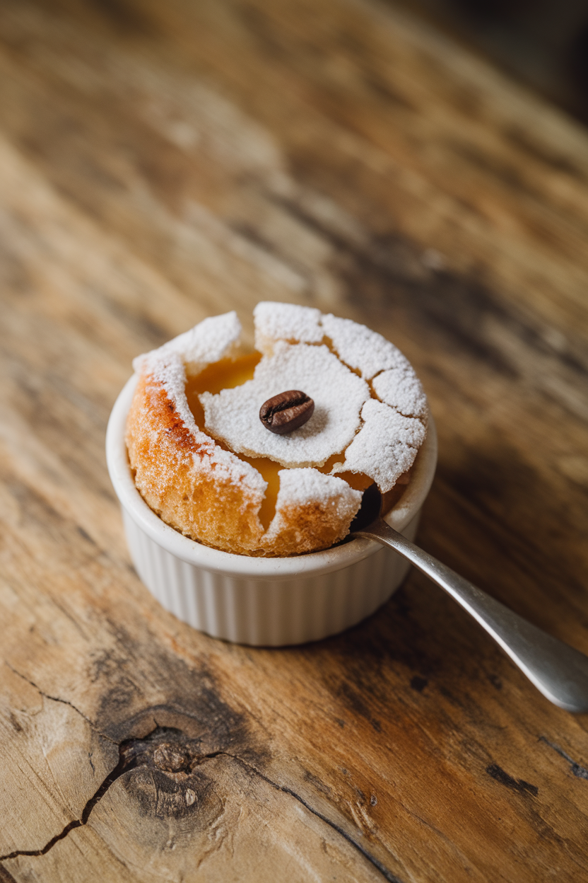 Indoor photo of a ramekin with torched sugar crust and a tiny coffee bean garnish, spoon cracking the surface, no text or logos