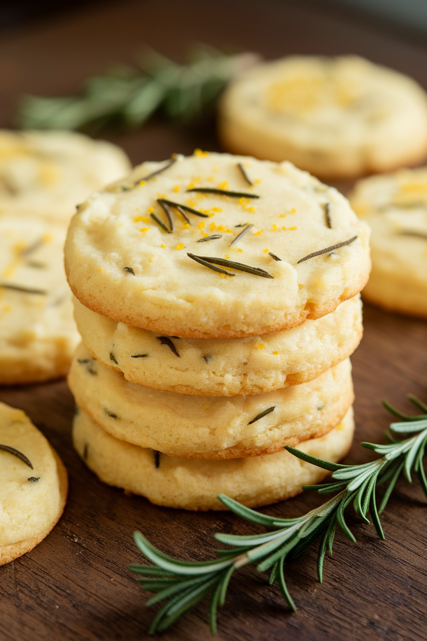 Indoor shot of lemon butter cookies flecked with minced rosemary, stacked neatly with a sprig of fresh rosemary beside them. Photo, no text or logos.