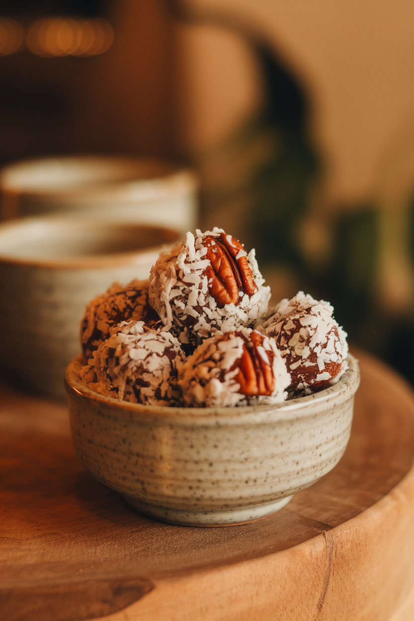 A small ceramic bowl indoors filled with round pecan date bites rolled in shredded coconut. Photo, no text or logos.