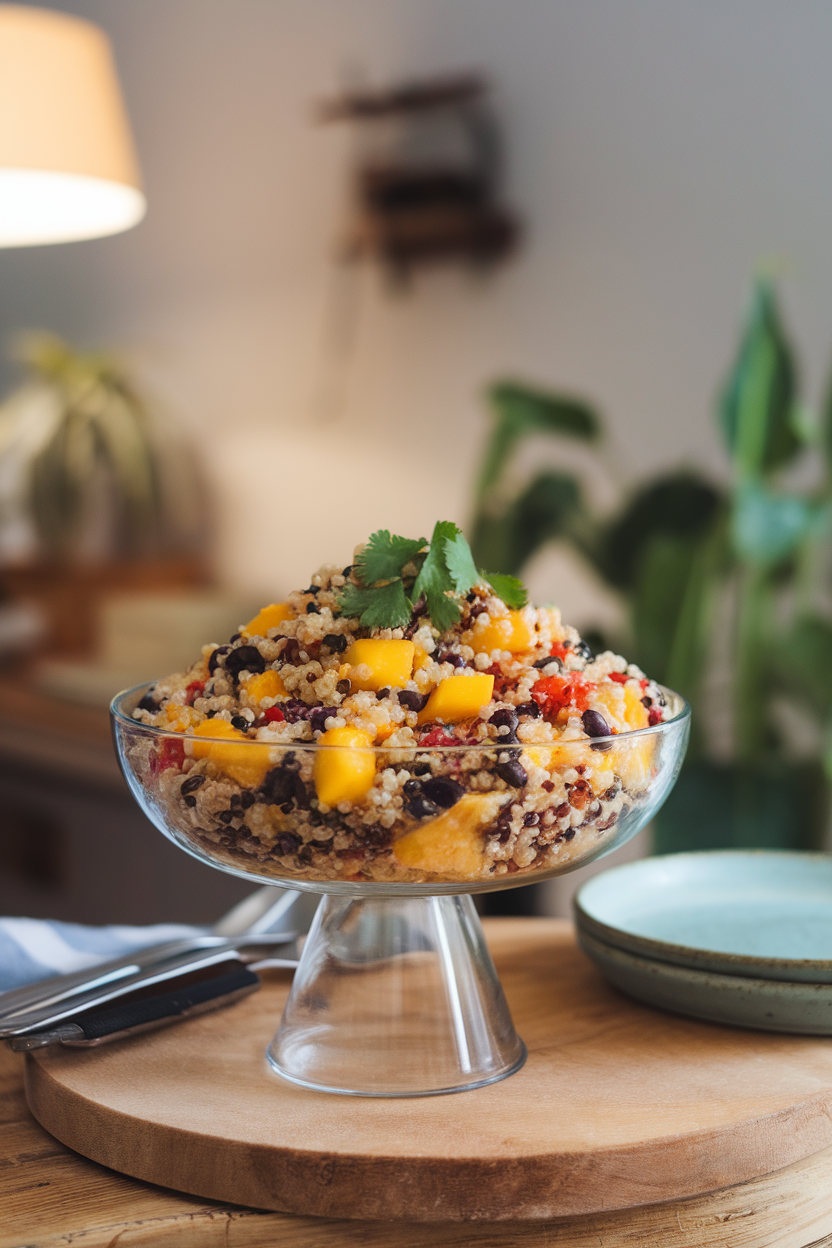 Serving bowl indoors containing quinoa salad with diced mango, black beans, red pepper, and cilantro, no text or logos
