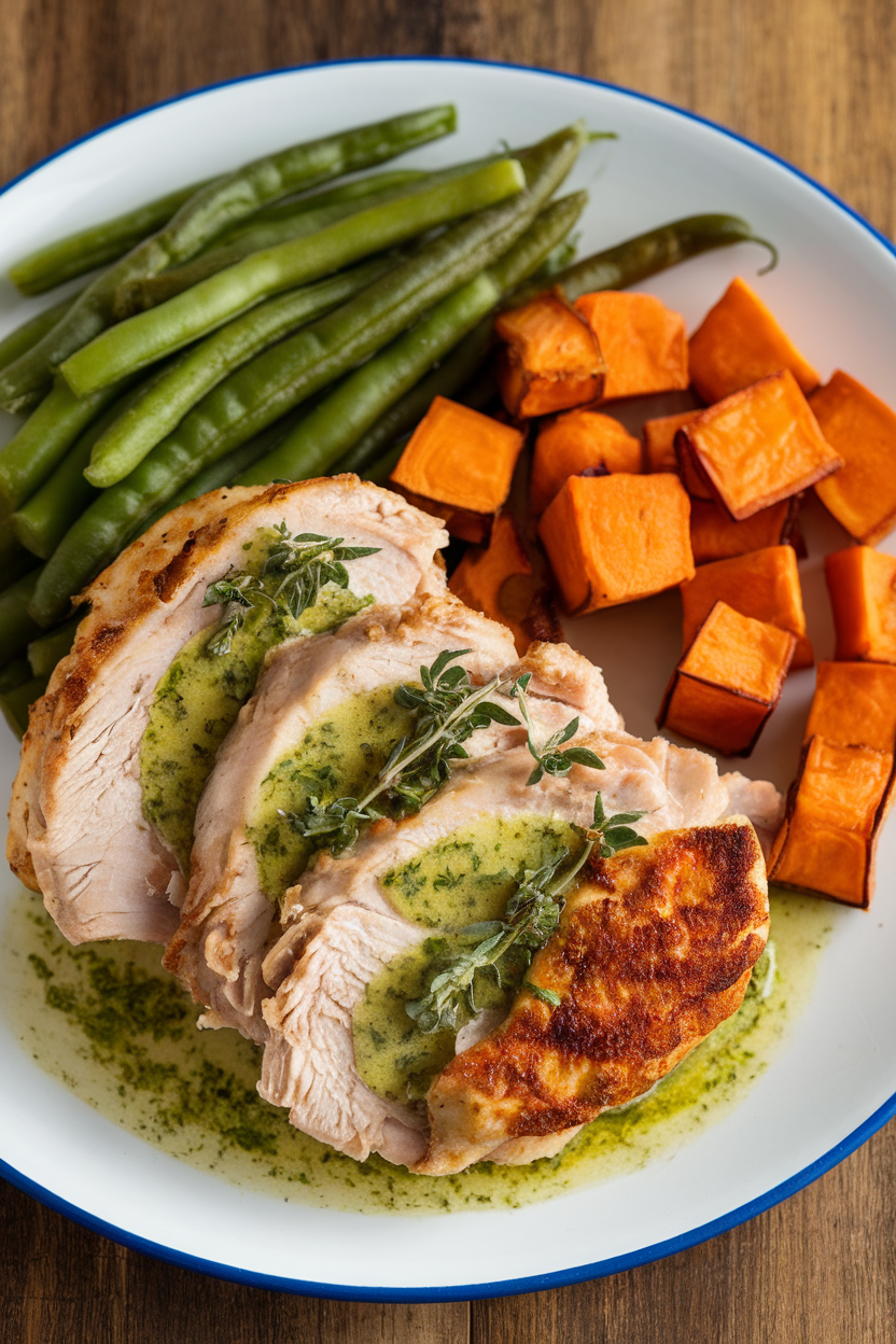 Indoor photo of turkey cutlets with lemon thyme sauce, roasted sweet potato cubes, and steamed green beans on a plate. No text or logos.
