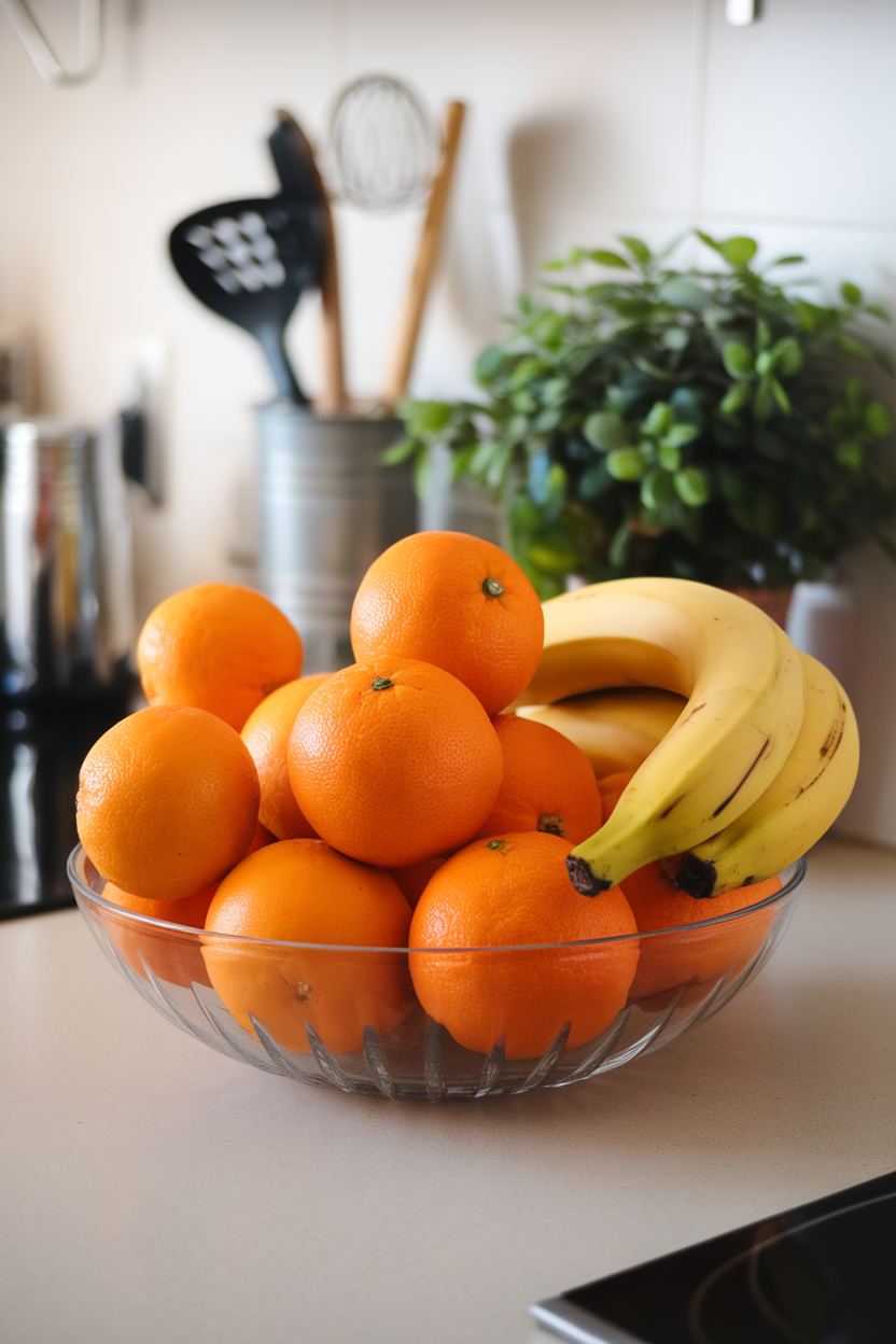 An indoor countertop fruit bowl piled with bright oranges and bananas placed front-and-center, no brand names.
