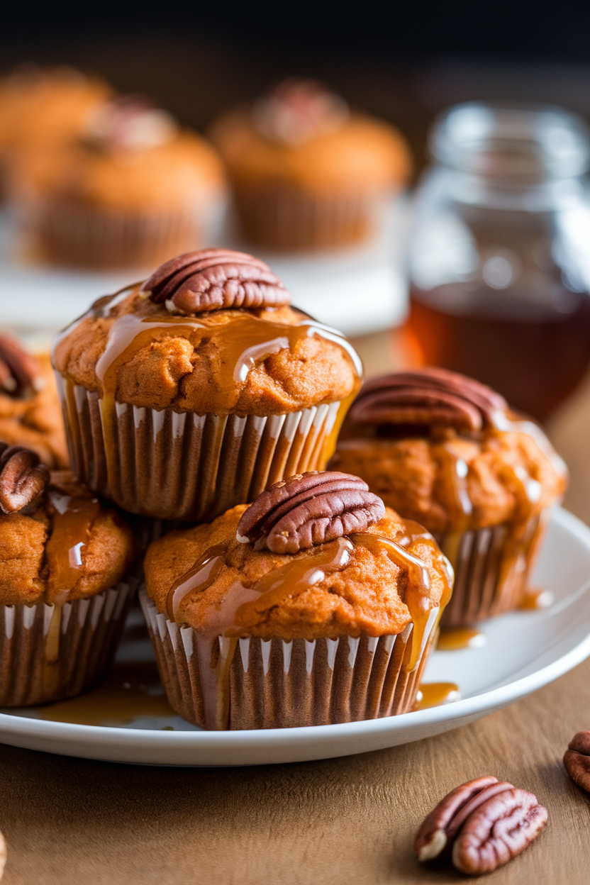 Indoor photo of sweet potato muffins drizzled with maple syrup and pecan halves, no text or logos