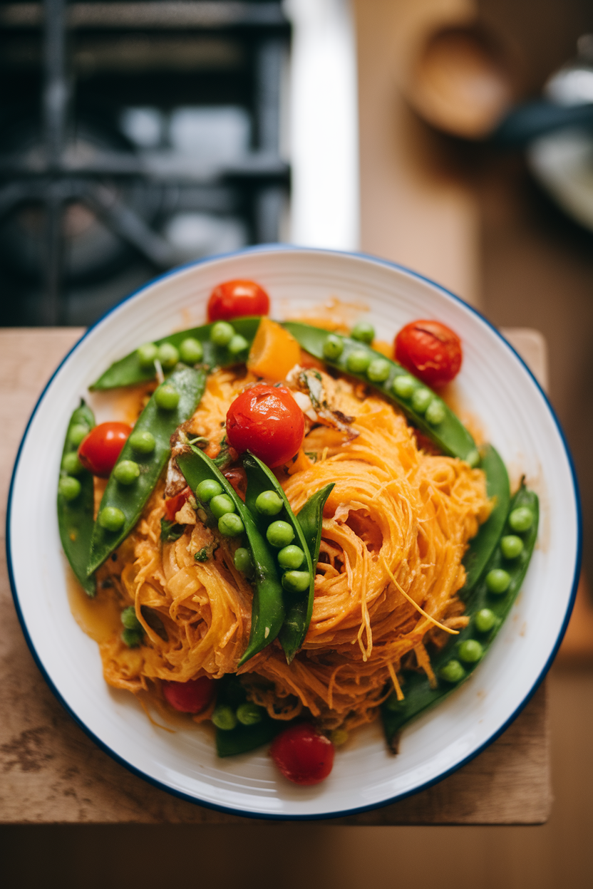Indoor plate of roasted spaghetti squash strands tossed with colorful sautéed spring vegetables, overhead. No text or logos.