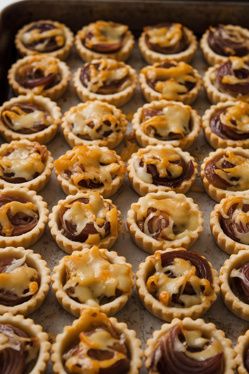 Photo of an indoor baking sheet filled with mini tart shells overflowing with caramelized onion and melted Gruyère, lightly browned tops; no text or logos.