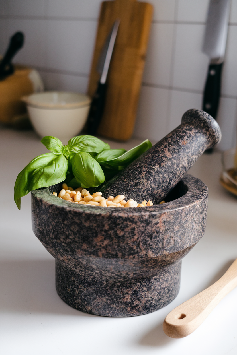 Indoor kitchen scene of a granite mortar grinding basil and pine nuts for pesto, no text.
