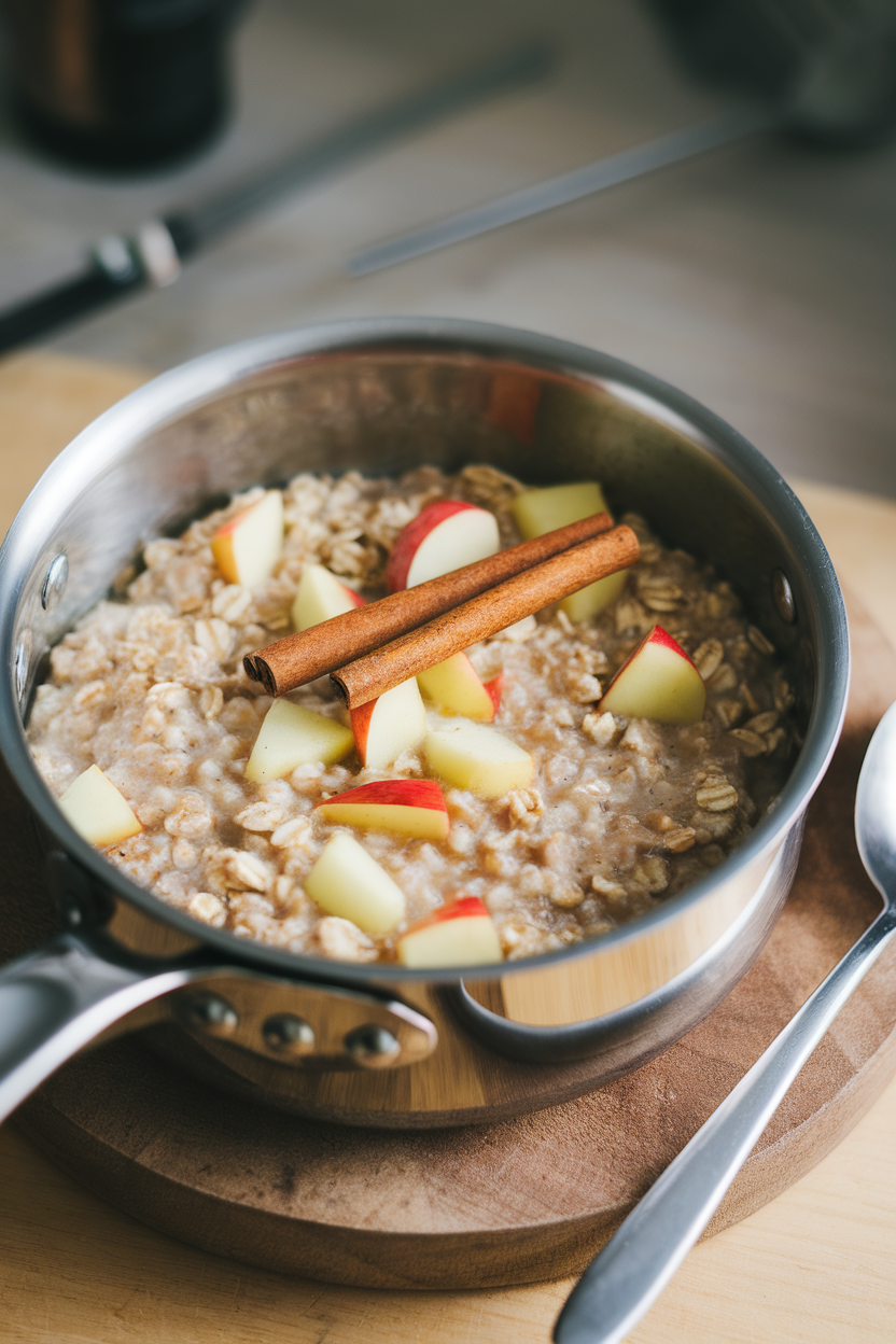 An indoor saucepan of simmering oatmeal dotted with diced apples and cinnamon sticks, no brand names.