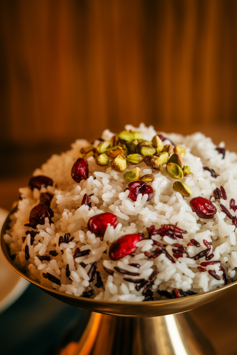 Indoor photo of fluffy white and wild rice dotted with cranberries and green pistachios in a serving dish. No text or logos.
