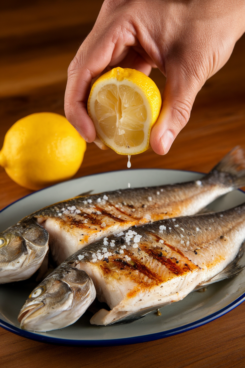 A hand squeezing a fresh lemon over a plate of grilled fish indoors; no text or logos; photo