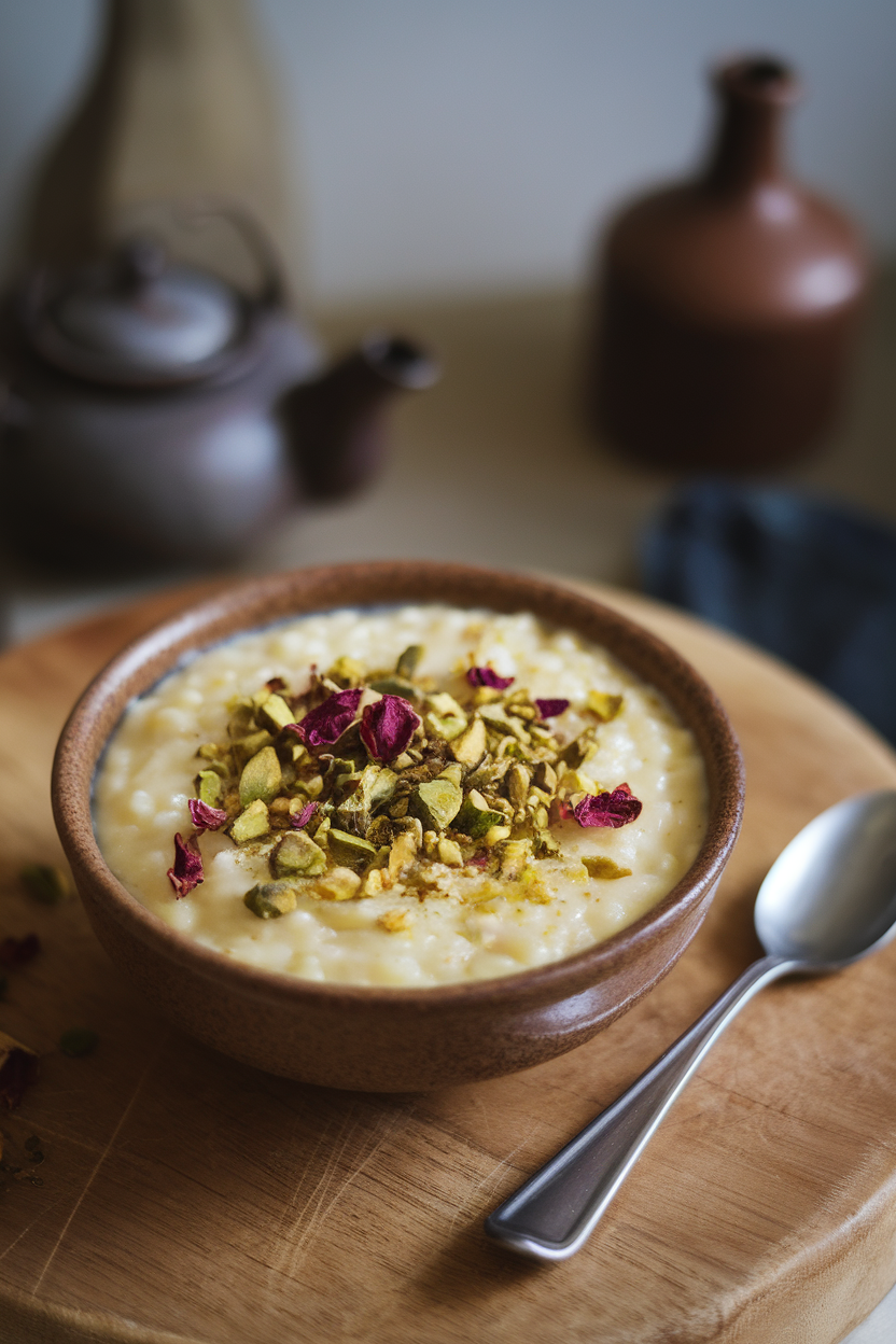 Indoor photo of creamy rice pudding in a bowl, sprinkled with chopped pistachios and dried rose petals. No text or logos.