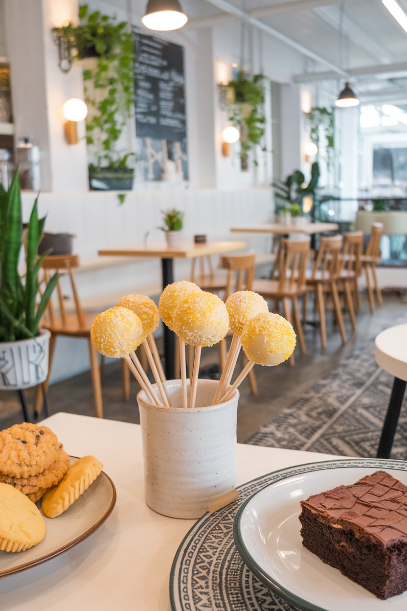 Photo, not illustration. Indoor bright café. Yellow-speckled cake pops rolled in clear sanding sugar, standing upright in a white ceramic cup. No text or logos.