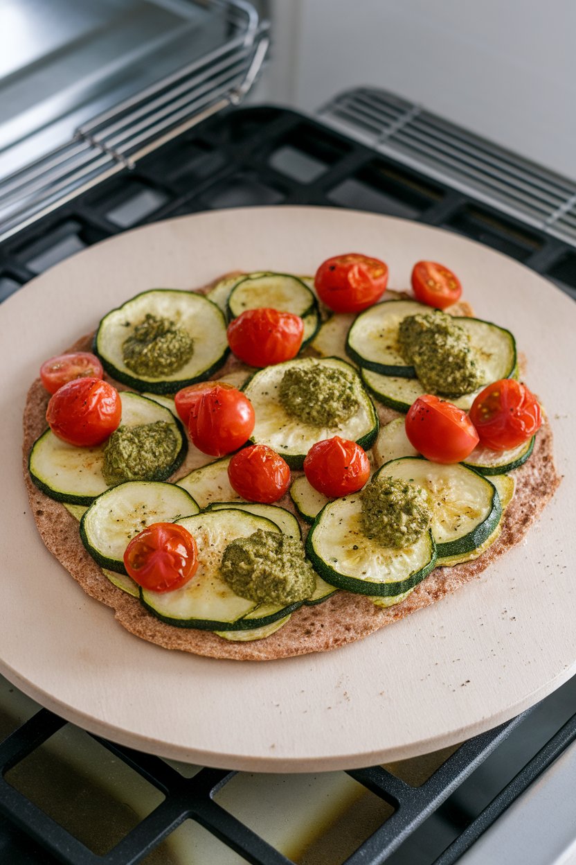 An indoor pizza stone holding a whole-wheat flatbread topped with roasted zucchini, cherry tomatoes, and dollops of green pesto. No logos or text.