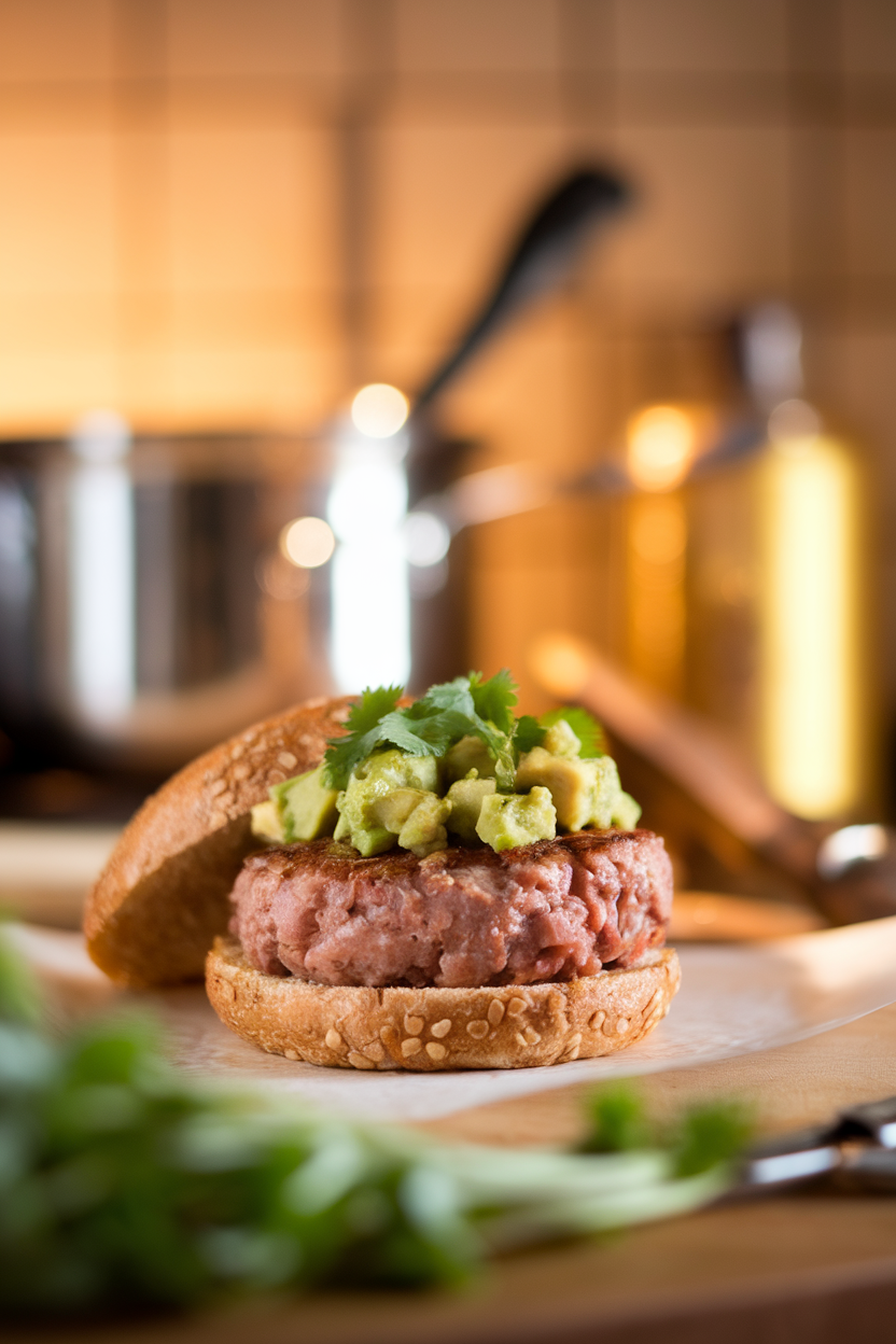 Photo of a warmly lit indoor kitchen table featuring a cooked turkey burger on a whole-grain bun, topped with chunky avocado salsa and fresh cilantro; shallow depth of field; no text or logos; photo, not illustration