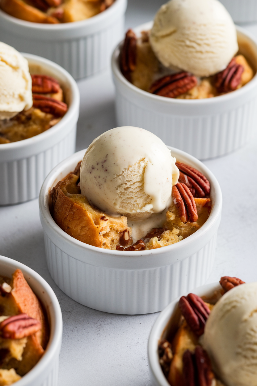 Individual indoor ramekins of maple pecan bread pudding topped with a scoop of vanilla ice cream melting slightly; no text or logos. Photo, not illustration.