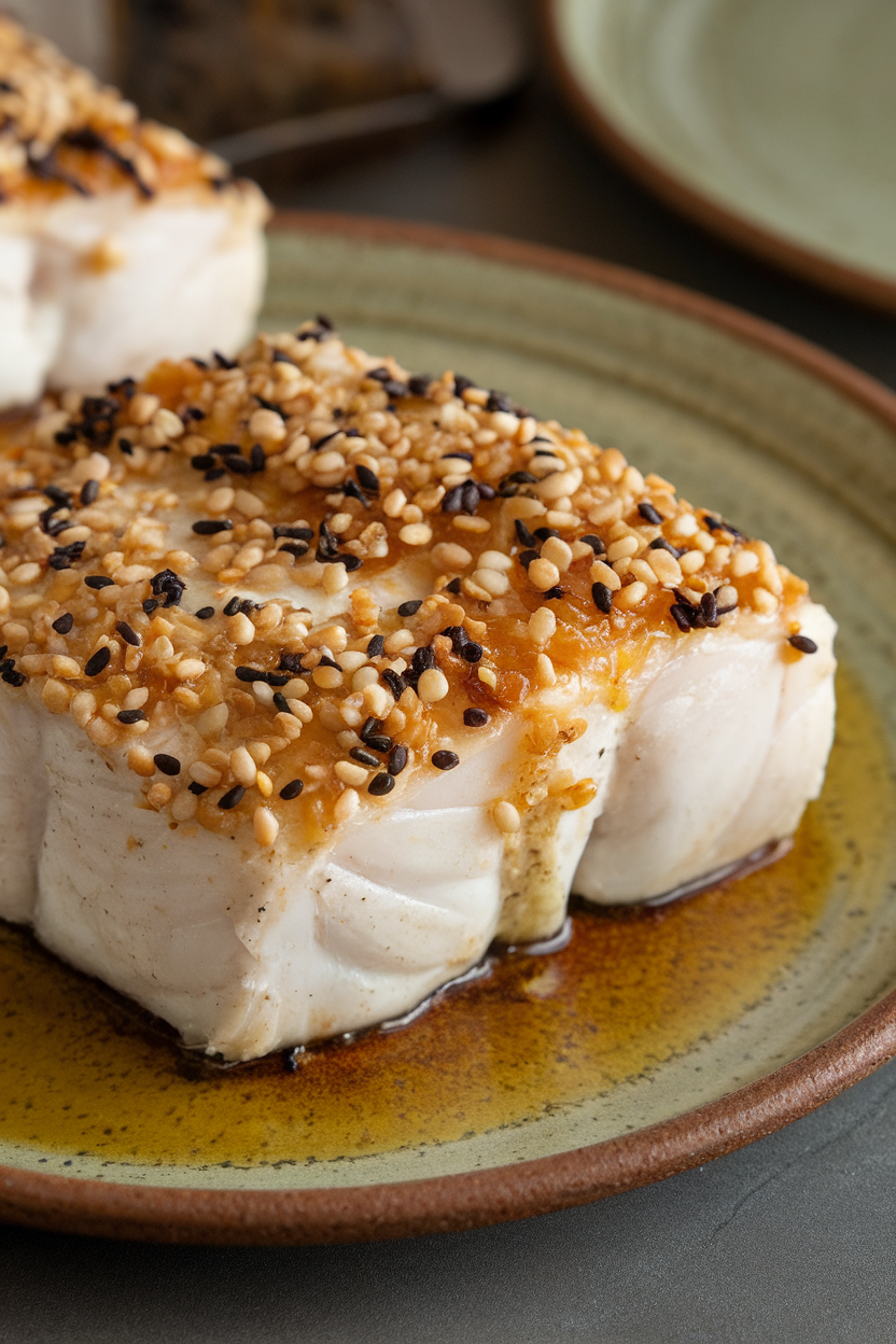 Baked halibut portion topped with sesame seeds and ginger glaze on a ceramic plate indoors, no text or logos.