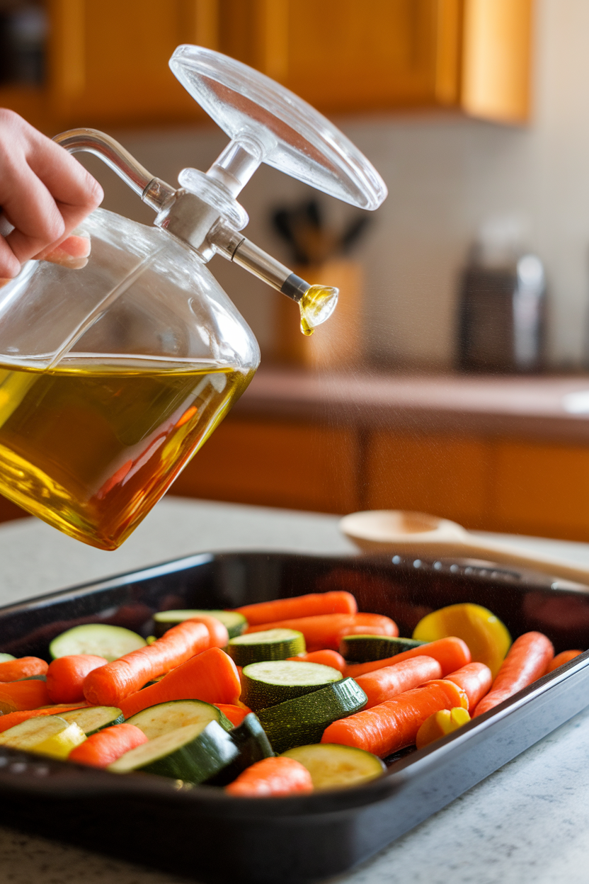 Indoor photo of a glass oil mister spraying olive oil over a roasting pan of veggies, no logos visible.