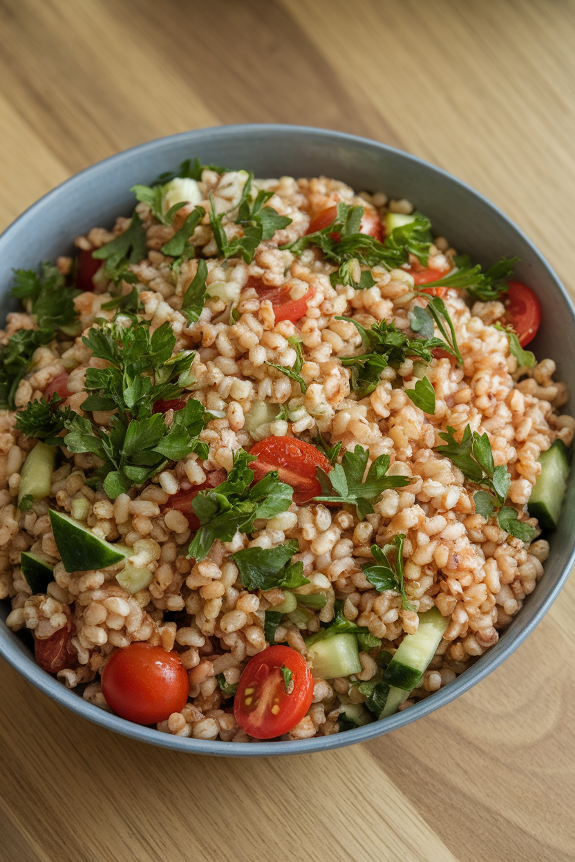 Indoor serving bowl filled with farro tossed in lemon dressing, parsley, cherry tomatoes, and cucumbers. No text or logos present.
