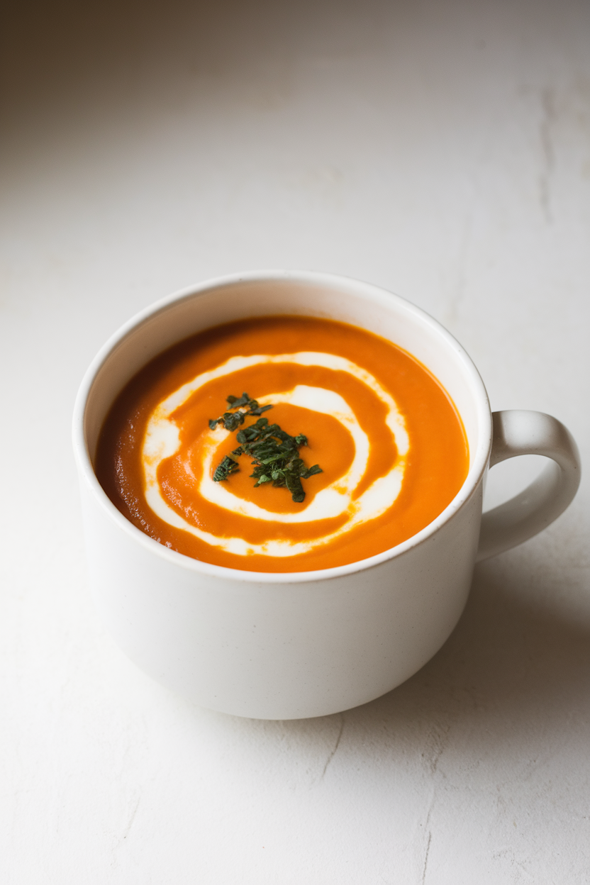Indoor photo of bright orange bisque in a white mug, garnished with a swirl of crème fraîche, no text or logos