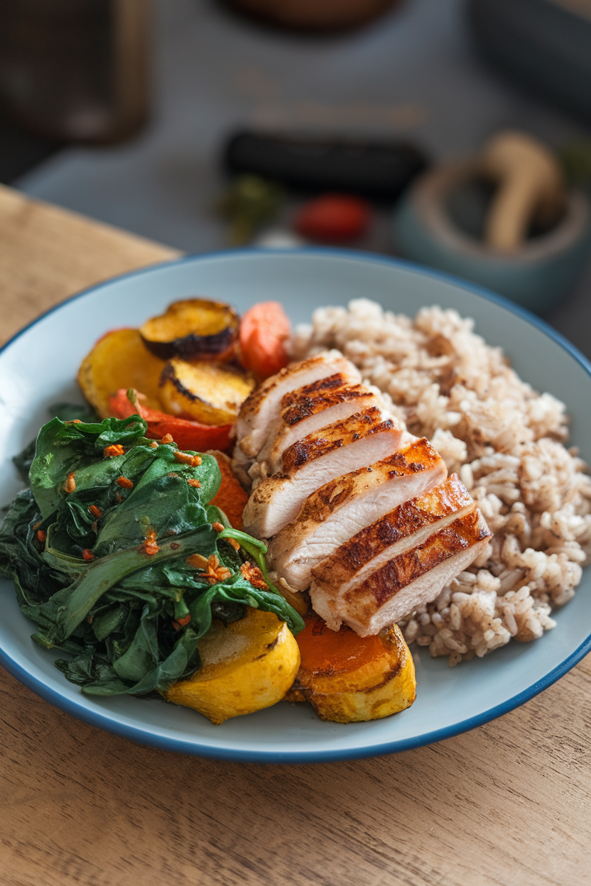 An indoor dining setting featuring a balanced plate where sautéed greens and roasted root vegetables occupy half the space, alongside a modest portion of grilled chicken and brown rice. No logos or text. Photo.