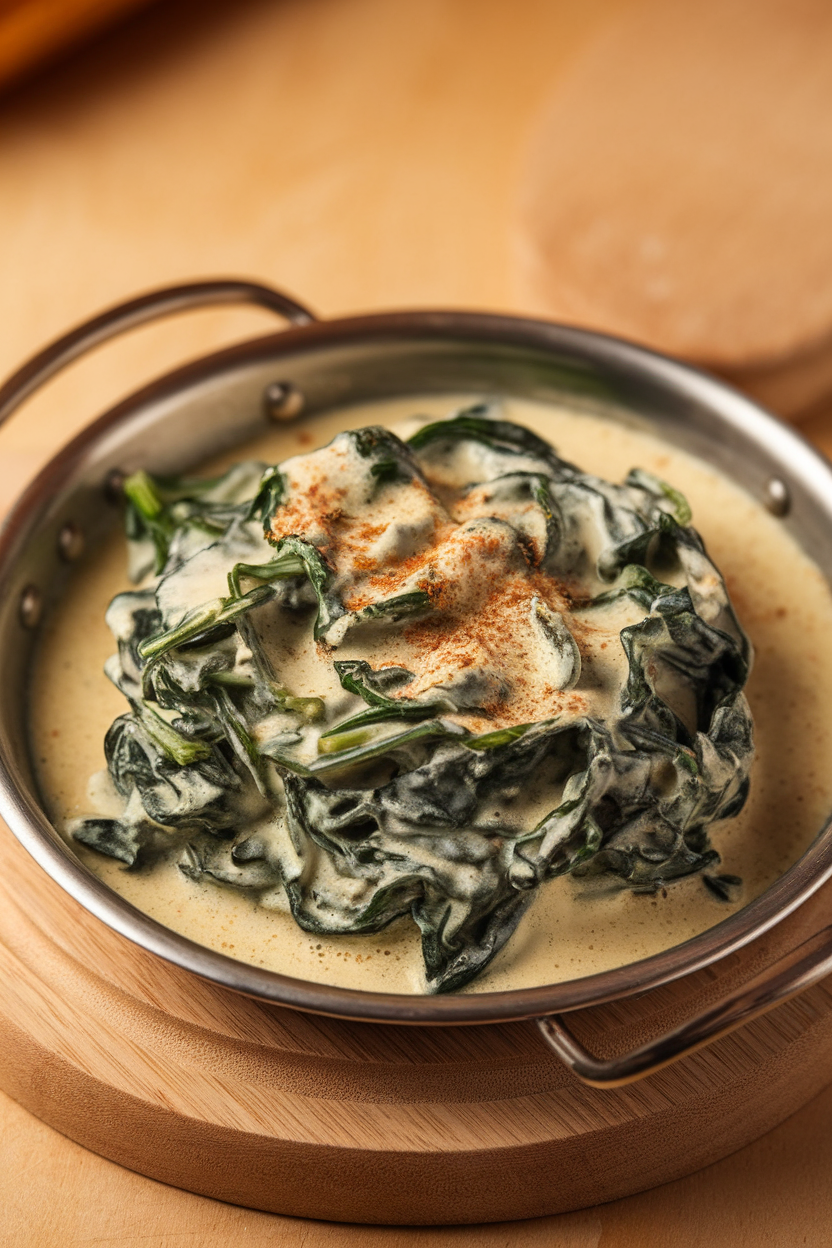 Indoor photo of creamy spinach in a shallow dish with a hint of nutmeg, no text or logos.