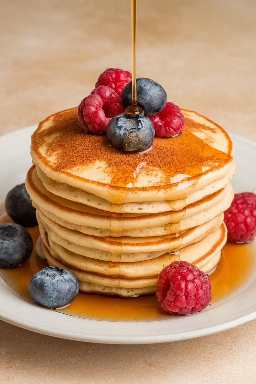 Indoor photo of small fluffy pancakes dusted with cinnamon and topped with a few fresh berries, syrup drizzled lightly. No text or logos.