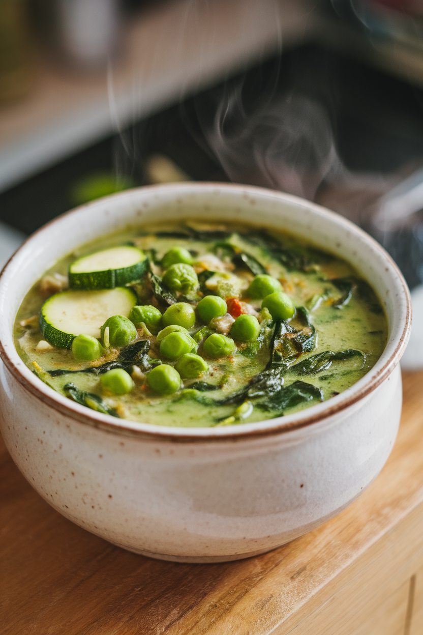 Indoor photo of a green-tinted vegetable soup filled with zucchini, peas, and spinach in a white ceramic bowl; steam visible, no text or logos