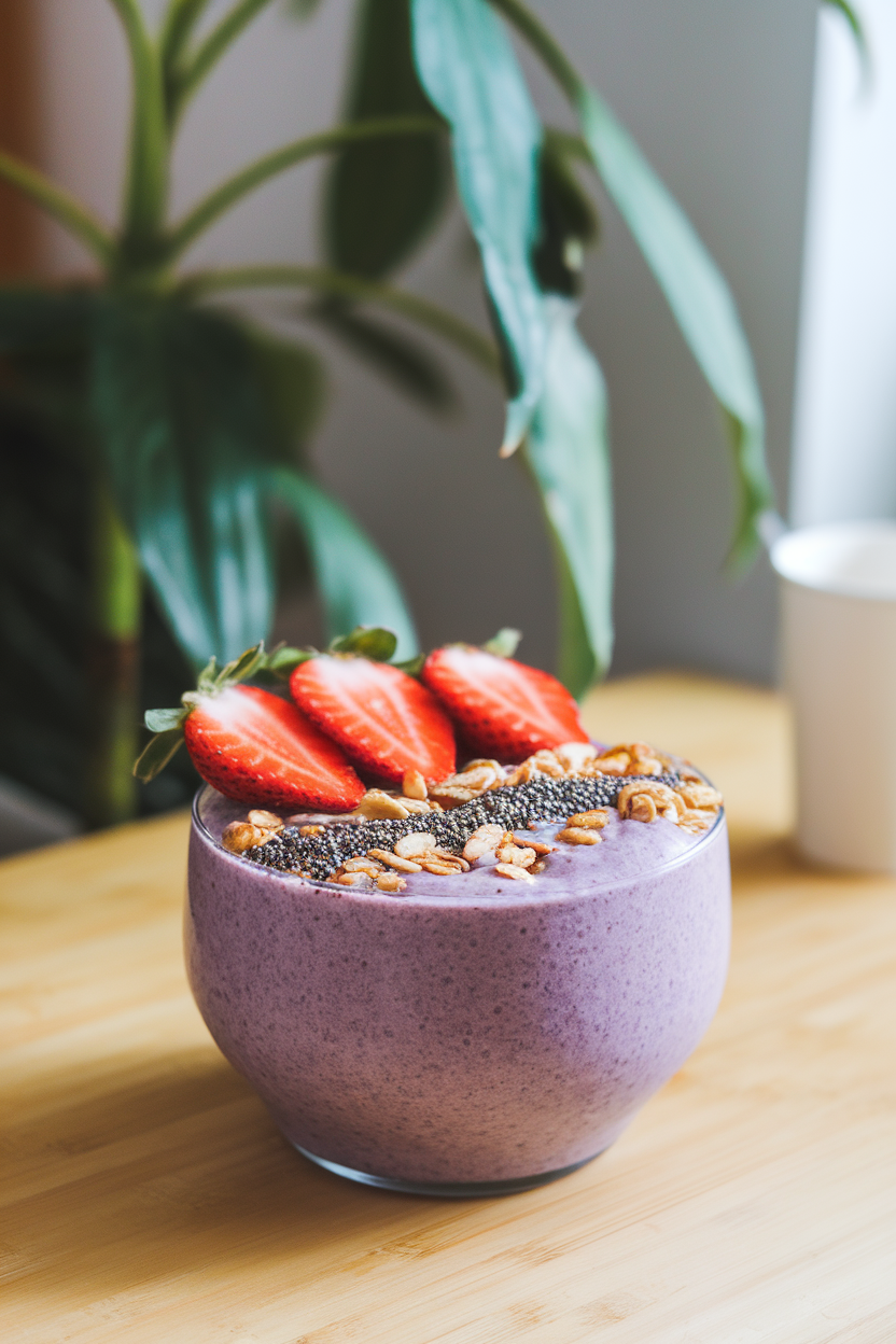 An indoor table with a thick purple smoothie bowl topped with sliced strawberries, chia seeds, and granola. No text or logos.