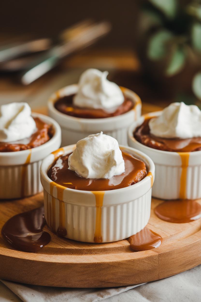 Individual ramekins of sticky toffee pudding topped with warm caramel sauce and a dollop of whipped cream under indoor lighting; no text or logos. Photo, not illustration.