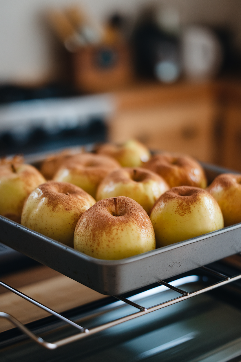 An indoor oven rack with a tray of cinnamon-dusted baked apples, golden and bubbling. No text or logos. Photo.