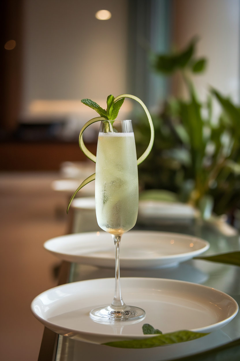 An indoor spa-style lounge showing a flute of pale green-tinted Champagne with a long cucumber ribbon swirling and mint leaf garnish. Photo, not illustration. No text or logos.