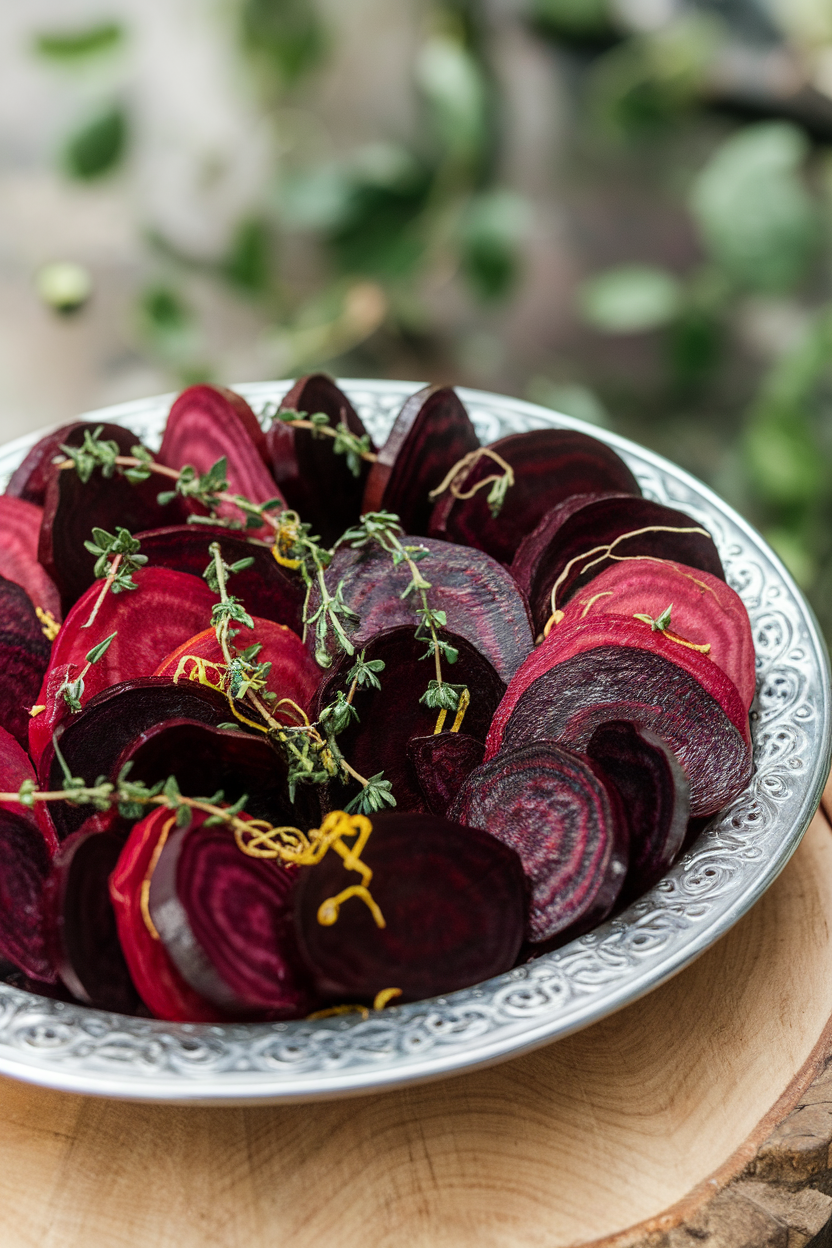 An indoor serving platter of jewel-toned beet wedges sprinkled with fresh thyme and lemon zest. No text or logos. Photo.